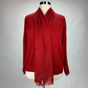 Sweater Red V-Neck Rhinestone Embellished w/carf